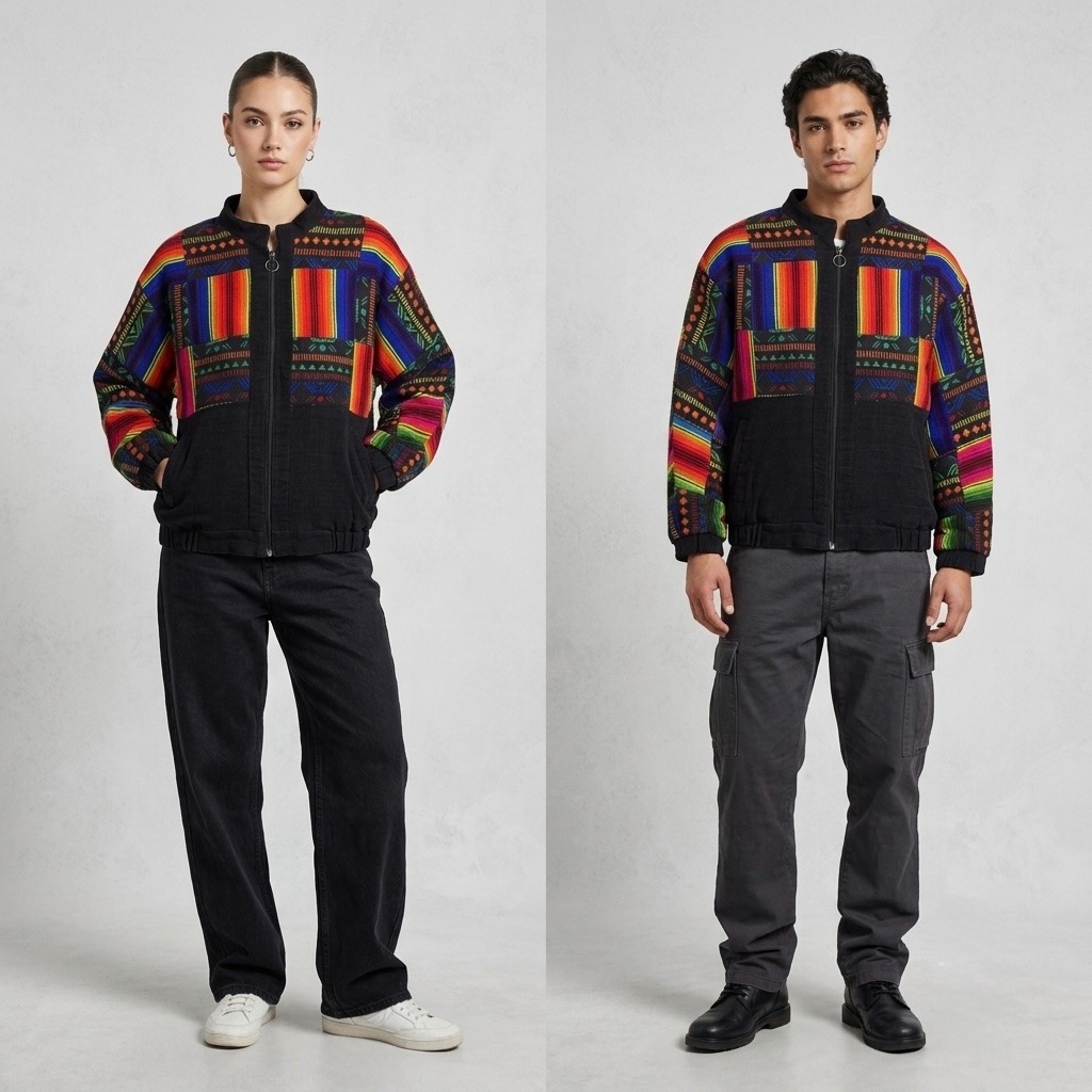 Vintage Rikeli Bomber Jacket Medium Unisex Rainbow Serape Patchwork Woven Boho